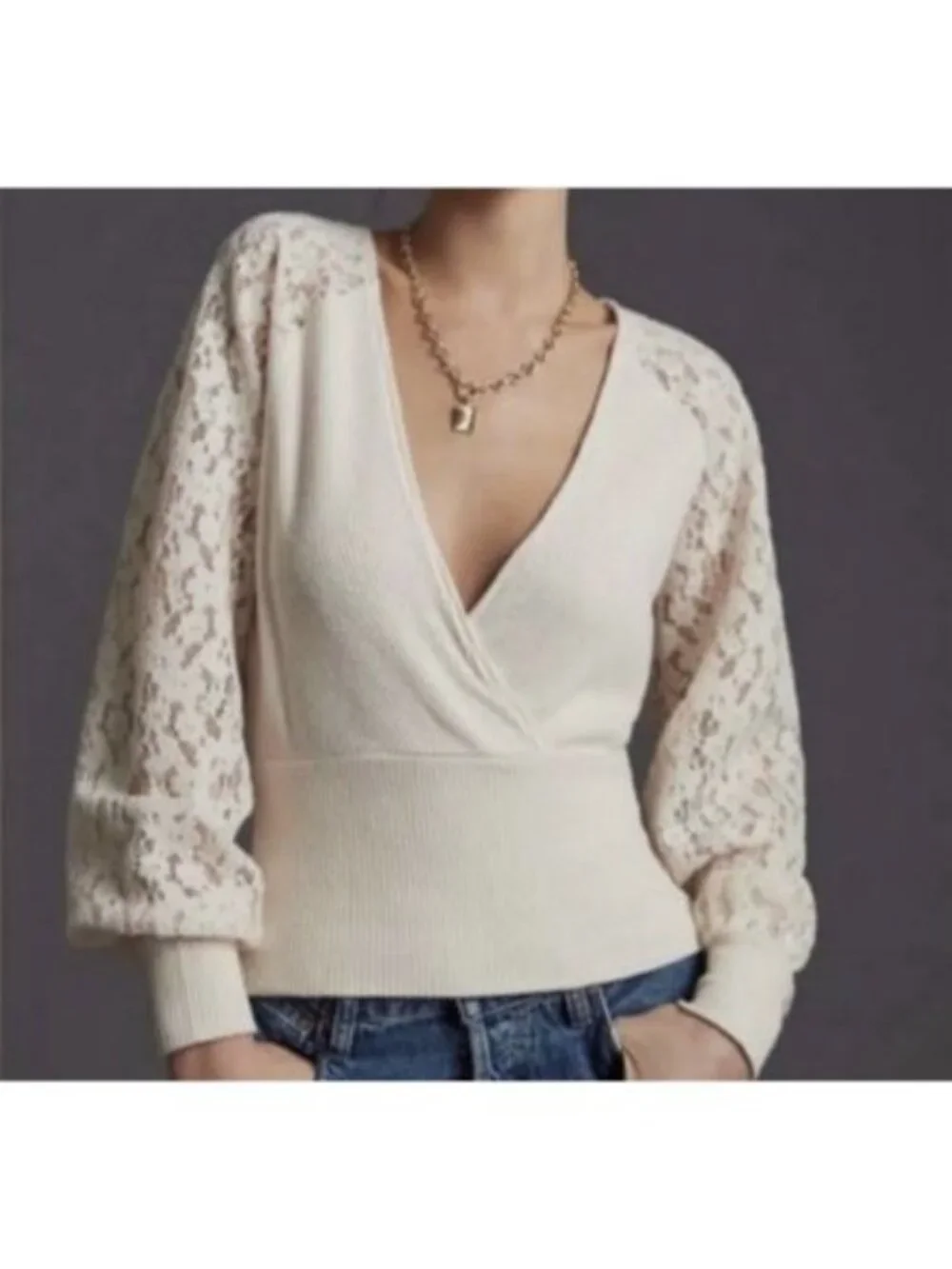 By Anthropologie Cream Floral Lace Long Sleeve Blouse Sz S Faux Wrap Deep V